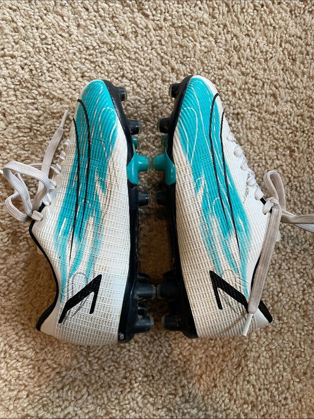 Kids White and Teal Soccer Cleats